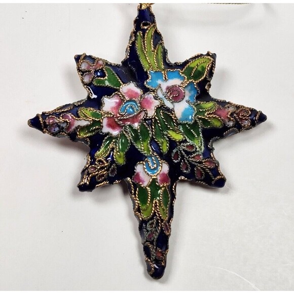 Cloisonne Star Ornament Christmas Discovery Store Blue Floral 3.5 inch Tag - Picture 6 of 8